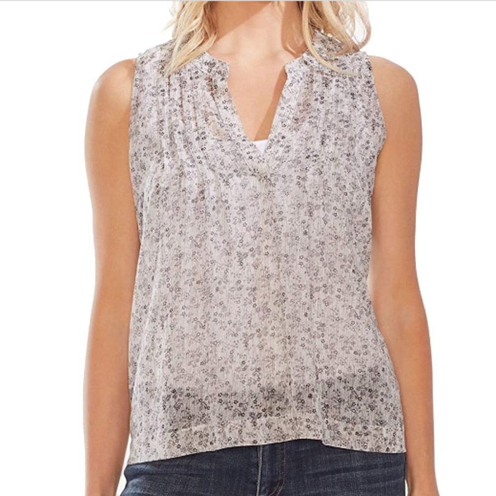 NWT Vince Camuto Shadow Etching Pintuck Sleeveless Blouse In New Ivory Sz. M